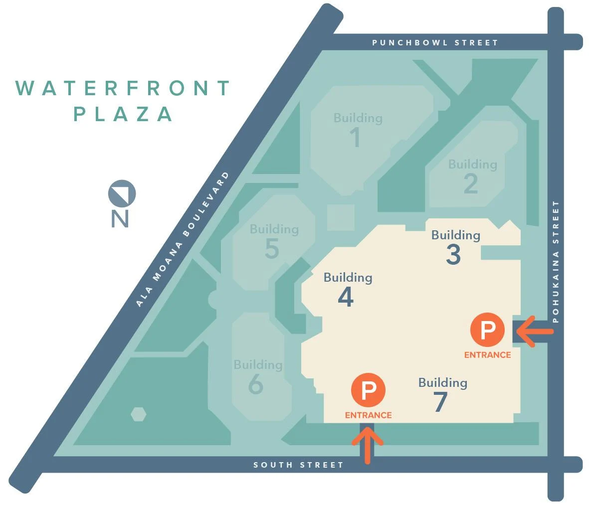 Map of Waterfront Plaza showing Buildings 1 to 7, with parking entrances on South Street and Pohukaina Street next to Buildings 4 and 7